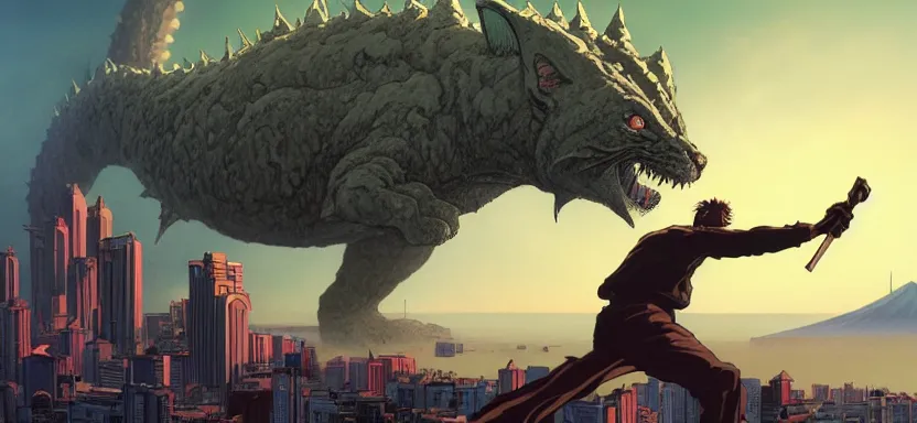 Prompt: a giant kaiju cat! destroying the city, digital painting masterpiece, by ilya kuvshinov, by frank frazetta, by mœbius, by reiq, by hayao miyazaki, intricate detail, beautiful brush strokes, advanced lighting technology, 4 k wallpaper, interesting character design, stylized yet realistic anatomy and faces, inspired by kill bill animated scene