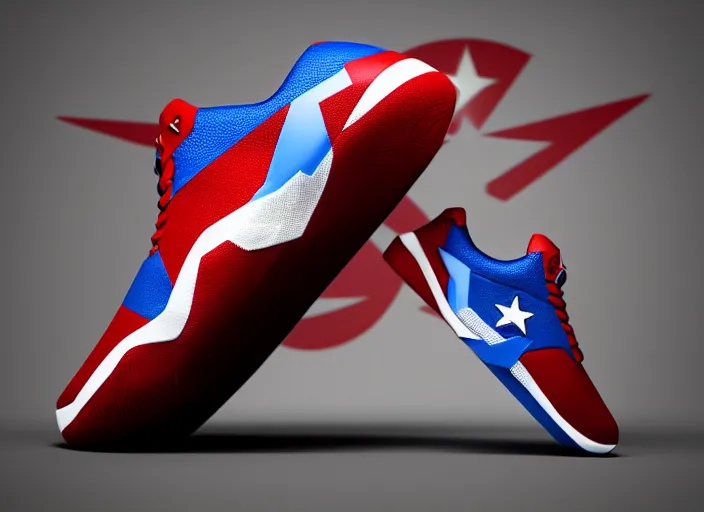 Prompt: basketball sneakers concept of captain america, illuistration, octane render, smooth, sharp focus