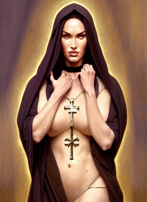 Image similar to portrait of megan fox as a sultry nun, catholic, church, bible, christian, intricate, headshot, highly detailed, digital painting, artstation, concept art, sharp focus, cinematic lighting, illustration, art by artgerm and greg rutkowski, alphonse mucha, cgsociety