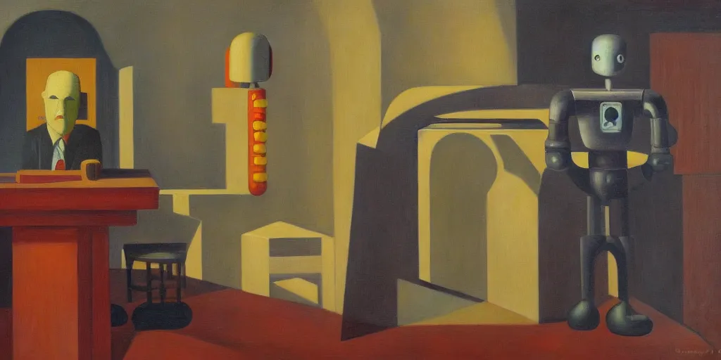 Image similar to evil mastermind robot portrait, grant wood, pj crook, edward hopper, oil on canvas