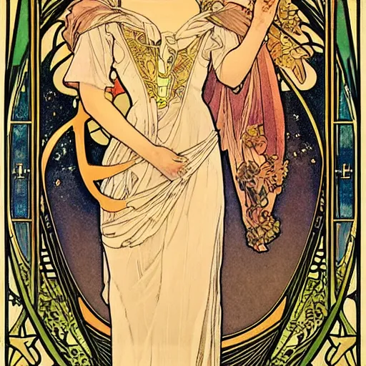 Image similar to sandra oh portrait by louis - theophile hingre and alphonse mucha, realistic, sharp focus, zodiac signs, tarot cards, planets, ethereal, art nouveau, magic, moon, sun, crown, dreamy, royal, jewellery