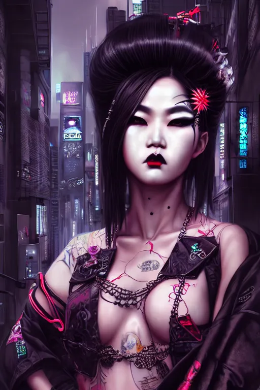 Prompt: ebony asian geisha goddess yakuza biotech raver gothic cyborg, cyberpunk city, urban decay, decay, horrorcore, underworld, dark art, highly detailed, digital painting, octane render, artstation, concept art, smooth, sharp focus, illustration, art by artgerm, loish, wlop