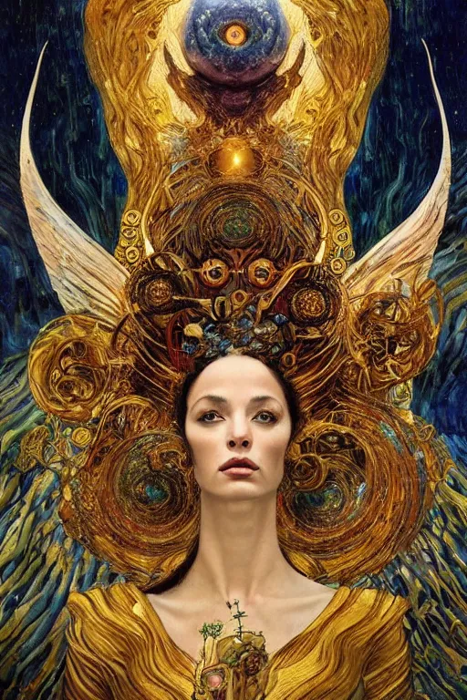 Image similar to Intermittent Chance of Chaos Muse by Karol Bak, Jean Deville, Gustav Klimt, and Vincent Van Gogh, Rebirth, Loki's Pet Project, Poe's Angel, Surreality, inspiration, imagination, sacred muse, otherworldly, fractal structures, arcane, ornate gilded medieval icon, third eye, spirals