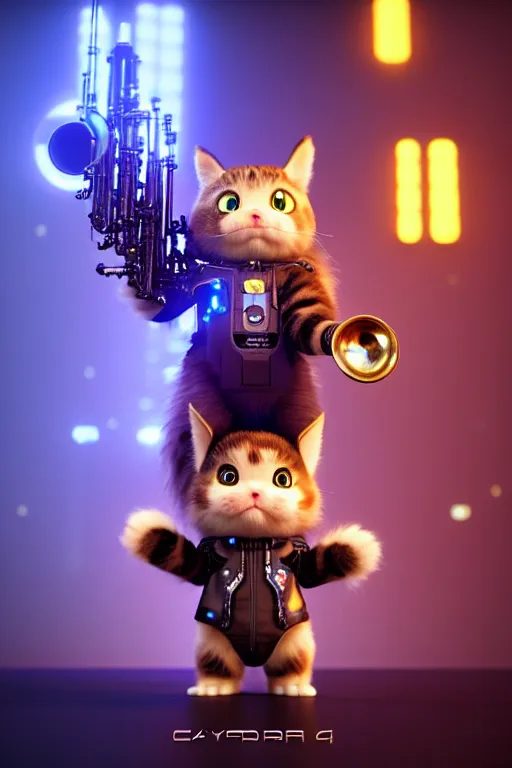 Image similar to high quality 3 d render very cute fluffy cyborg!! cat plays trumpet, cyberpunk highly detailed, unreal engine cinematic smooth, in the style of blade runner & detective pikachu, hannah yata charlie immer, moody light, low angle, uhd 8 k, sharp focus