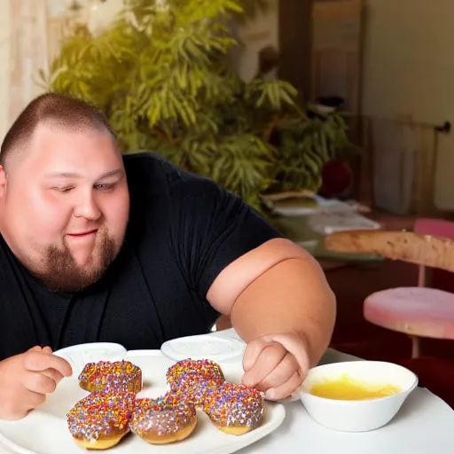 Image similar to big fat guy sitting at a dirty table with too many donuts on his plate,