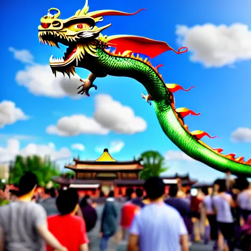 Image similar to people watching a chinese dragon flying in the sky, hyperrealistic, 3 d