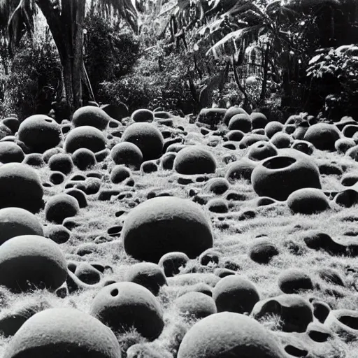 Image similar to jelly boulders in a jungle landscape, 1960s photo