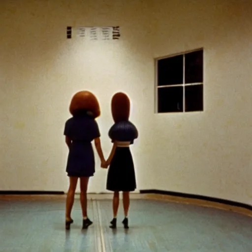 Image similar to 1978 teenage girl holds hands with sad inflatable face boyfriend at high school, color Tarkovsky film, in school hallway, dirty walls, archival footage, technicolor film, 16mm, live action, John Waters, campy movie scene