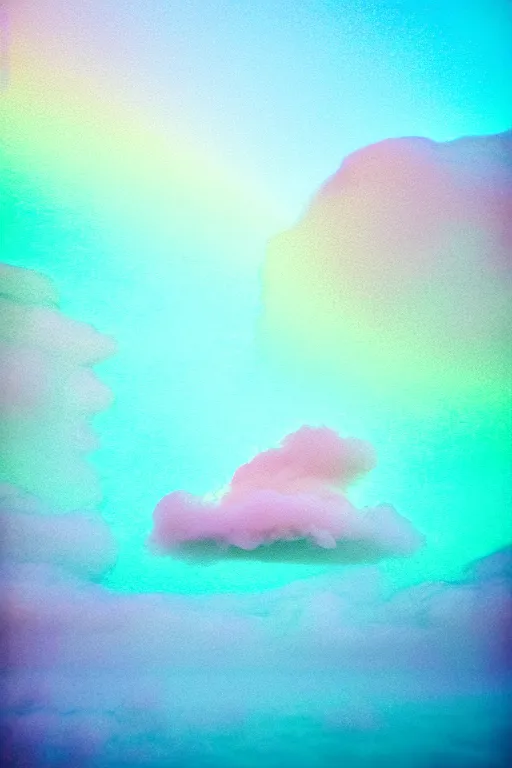 Image similar to high quality pastel coloured film close up wide angle photograph of a model wearing clothing swimming on cloud furniture in a icelandic black rock!! environment in a partially haze filled dreamstate world. three point light, rainbow. photographic production. art directed. pastel colours. volumetric clouds. pastel gradient overlay. waves glitch artefacts. extreme facial clarity. 8 k. filmic.