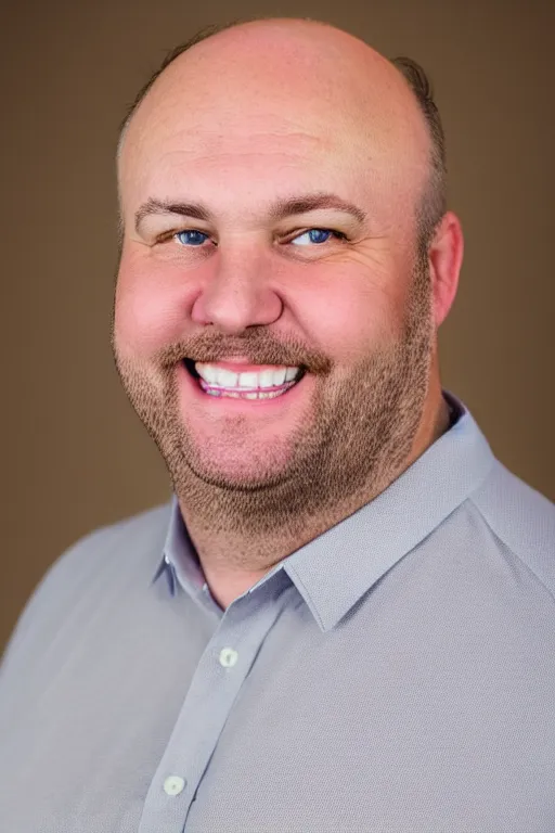 Prompt: full body color photograph of a balding, middle aged, slightly fat, brown haired, hairy, blue eyed, round faced, short white man who has a slightly large belly and thick legs, dressed in a white shirt, grey pants and black dress shoes, smiling at the camera with perfect, straight white teeth, full body portrait, head to toe