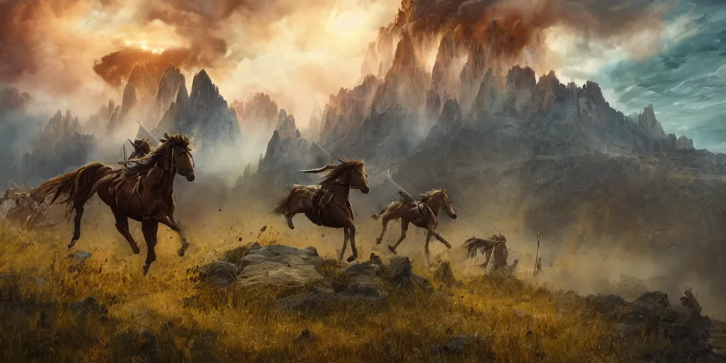 Prompt: an establishing action shot of the ( battle of little bighorn ), majestic horses, action scene, an epic fantasy, dramatic lighting, cinematic, extremely high detail, photorealistic, cinematic lighting, maxwell boas jessica rossier christian dimitrov anton fadeev trending on artstation cgsociety rendered in unreal engine 4 k hq