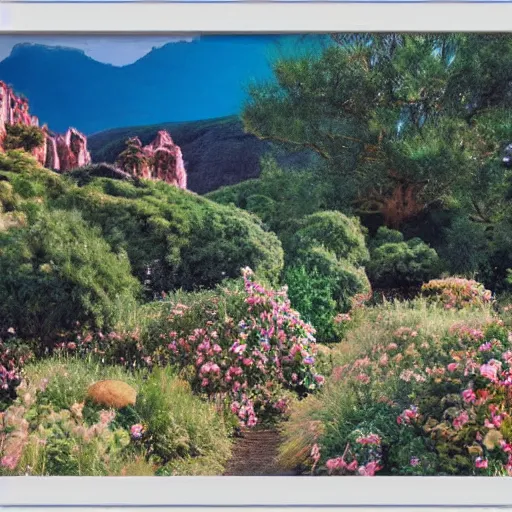 Image similar to a ultra high definition pastel coloured photographic print from a holiday photo album. the photo is a medium frame, 5 0 mm depicting public viewpoints from areas of outstanding natural beauty in an alien world not dissimilar to earth. no artefacts. highly detailed.