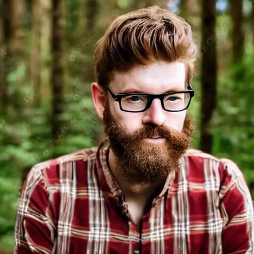 Prompt: romantic portrait of 25 year old white man sexy pose :: glasses : : brown beard : : dressed red plaid shirt : : forest background : : romance movie