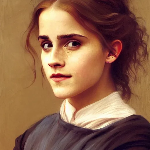 Image similar to Painting of Emma Watson as Hermione Granger. Wearing a golden H necklace. Smiling. Happy. Cheerful. Art by william adolphe bouguereau. During golden hour. Extremely detailed. Beautiful. 4K. Award winning.