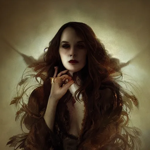 Image similar to majestic gracious regal aristocratic brunette female vampire portrait, atmospheric lighting, painted, menacing, intricate, volumetric lighting, beautiful, rich deep colours masterpiece, golden hour, sharp focus, ultra detailed, by leesha hannigan, ross tran, thierry doizon, kai carpenter, ignacio fernandez rios