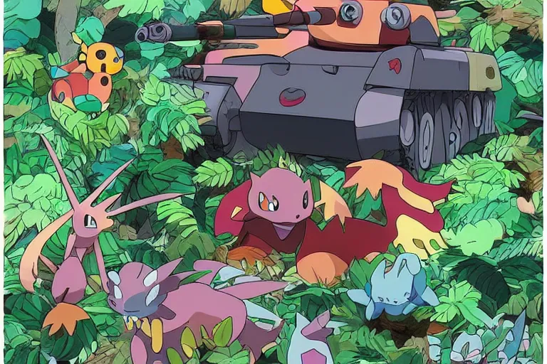 Image similar to colorful pokemon that looks like a military tank, lush jungle scene, post apocalyptic, shot on film, art by studio ghibli