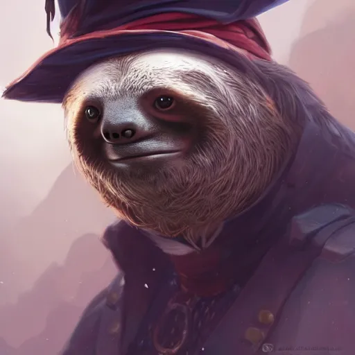 Image similar to Portrait of a Sloth dressed as a Pirate, digital painting, highly detailed, artstation, concept art, smooth, sharp focus, illustration, art by artgerm and greg rutkowski.
