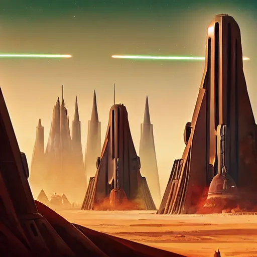 Prompt: Tall Spire Military base with Laser Turrets shooting, Desert Planet, War, Star Wars, Warhammer 40k, Retro Futurism, Art Deco, Simon Stålenhag