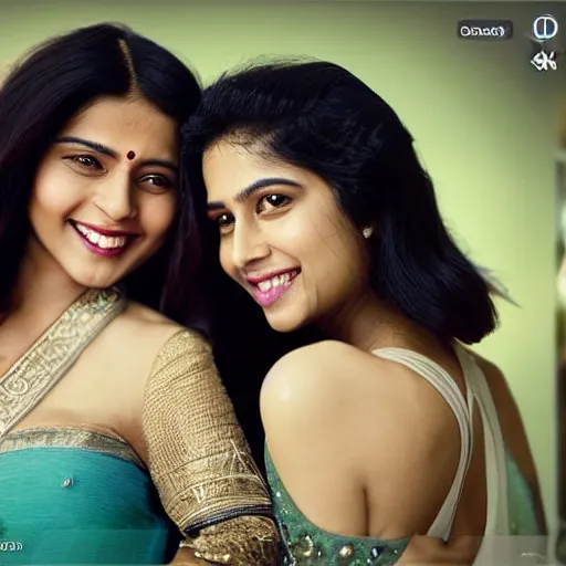 Prompt: unbelievably beautiful, perfect, dynamic, epic, cinematic 8K HD movie shot of two semi-close-up Indian women beautiful expressing joy and posing together. By oscar winning director. Motion, VFX, Inspirational arthouse, high budget, hollywood style, at Behance, at Netflix, with Instagram filters, Photoshop, Adobe Lightroom, Adobe After Effects, taken with polaroid kodak portra