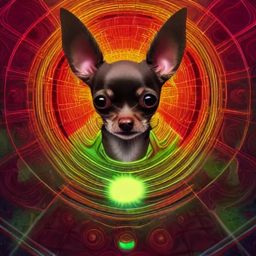 Image similar to a chihuahua with a third eye living in an extradimensional reality, in the style of wlop and alex grey, illustration, epic, fantasy, hyper detailed, smooth, unreal engine, sharp focus, ray tracing, physically based rendering