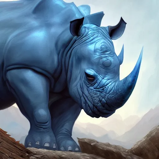 Prompt: A blue rhino wearing adventurer's clothing, highly detailed, digital painting, artstation, concept art, smooth, sharp focus, studio light, by Justin Gerard,