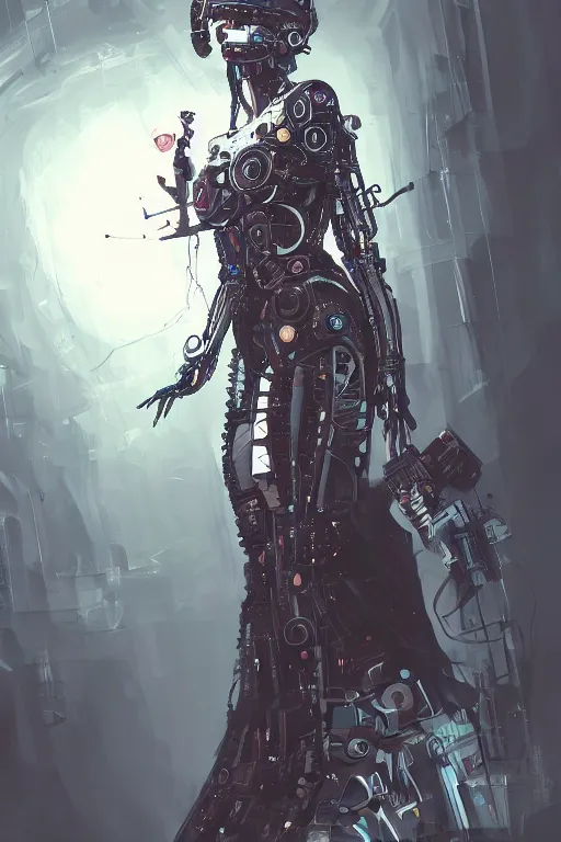 Image similar to laying beautiful painting of a crowned robotic cyberpunk princess in a gothic dark flowing gown laying intricate elegant highly detailed digital art, artstation