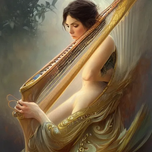 Image similar to a strange harp, d & d, fantasy, intricate, elegant, highly detailed, digital painting, artstation, concept art, smooth, sharp focus, illustration, art by artgerm and greg rutkowski and alphonse mucha