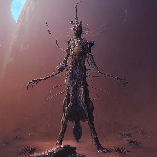 Prompt: A detailed painting of an anthropomorphic ant queen standing on her hind legs, stars in the background, formian pathfinder, digital art 4k, Wayne Barlowe Greg Rutkowski