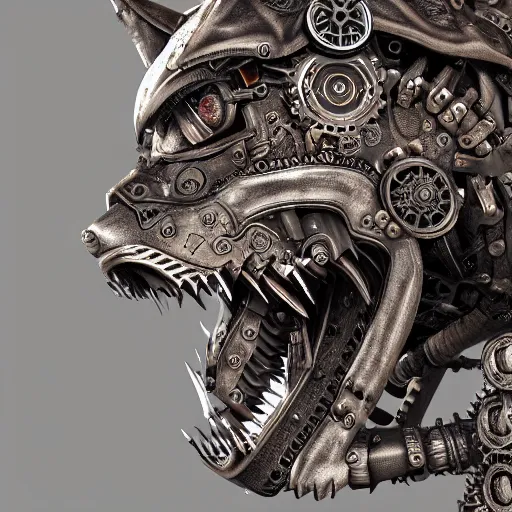 Image similar to A steampunk ornate wolf made of engraved full plate armor and gears, Macro shot by Justin Gerard, unreal engine, physically based rendering