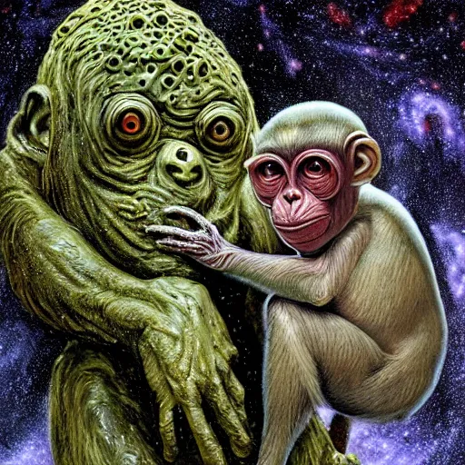 Image similar to measles on a deformed hideous pustule covered monkey, sores, bumps, skin wounds, surface hives, growths, horror, fantasy, highly detailed, by Dan Hillier, ooze, slime, in background nebula of bacteriophages