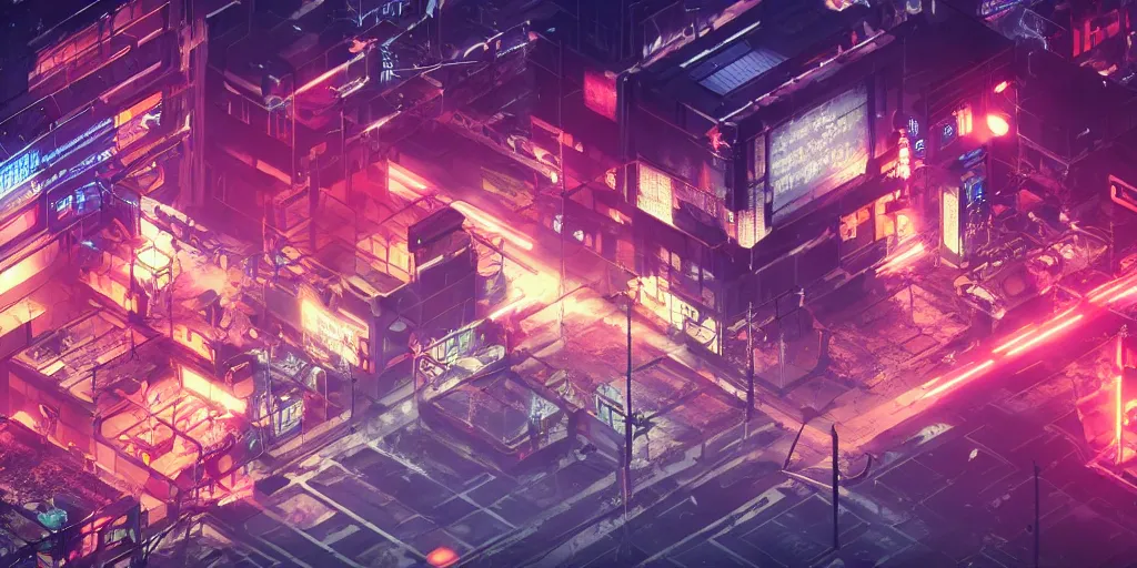 Prompt: isometric room of factory exploding at night in the center of a futuristic sci-fi asian city, signboards, neon lights, blade runner color palette, rendered in octane render by Yasunari Ikenaga, Yamato, Macross