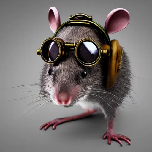 Image similar to a rat with steampunk googles, with 3D render