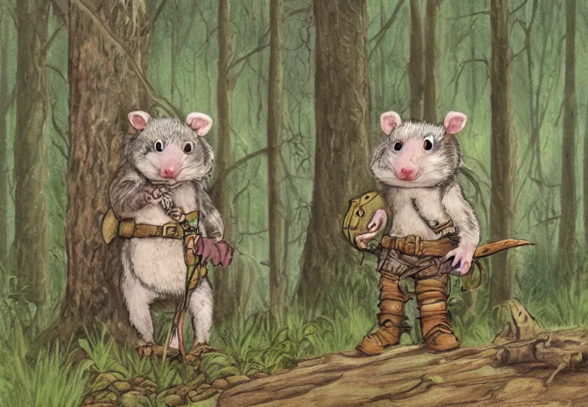 Image similar to possum dressed as an adventurer, hidden in the forest, colorized, highly detailed, 4k, trending on Artstation, award-winning, art by Maurice Sendak