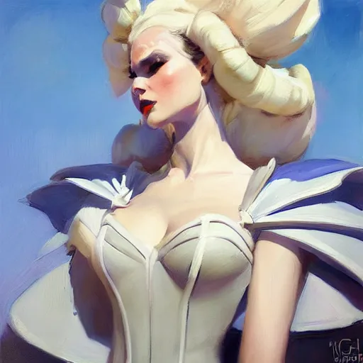 Image similar to greg manchess portrait painting of partially armored white queen from alice in wonderland as overwatch character, medium shot, asymmetrical, profile picture, organic painting, sunny day, matte painting, bold shapes, hard edges, street art, trending on artstation, by huang guangjian, gil elvgren, ruan jia, randy vargas, greg rutkowski