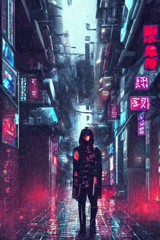 Image similar to a cyberpunk samurai in a raining cobblestone alleyway in tokyo, neon lights, full moon, fog cinematic anime art by one