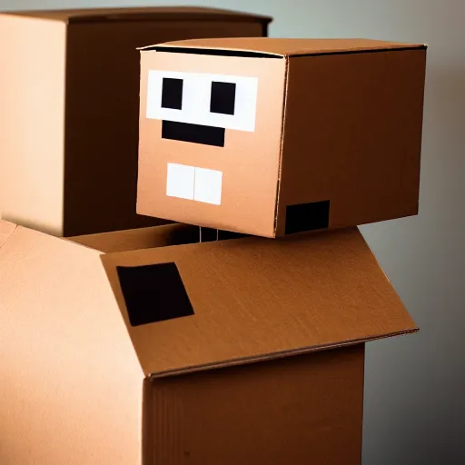 Prompt: a cardboard box robot, ( sony a 7 r iv, symmetric balance, polarizing filter, photolab, lightroom, 4 k, dolby vision, photography awardm, voque, perfect face )