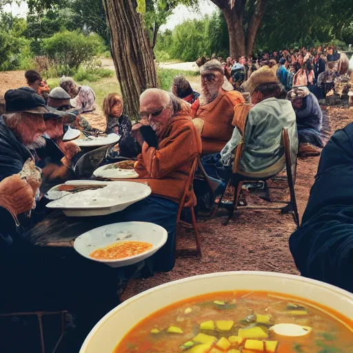 Prompt: a large crowd watching an elderly man eat soup, bold natural colors, national geographic photography, masterpiece, 8 k, raw, unedited, symmetrical balance