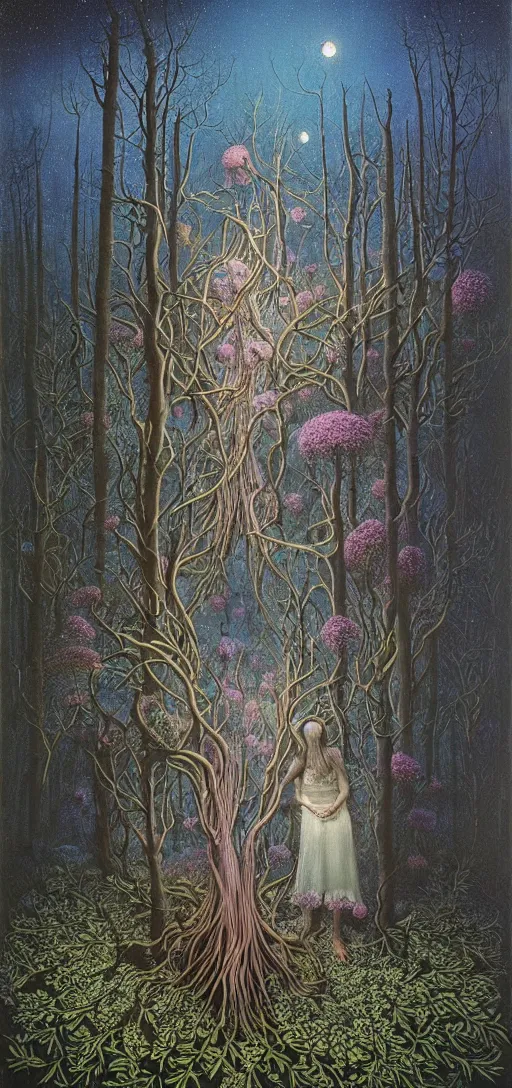 Image similar to painterly dreamy Kupala Night in the blue forest with trees which have eyes, giant flowers, glowing owls, deers, women, lianas, thistles, giant fantasy creatures, a stream and sky with moon and stars by Beksinski, Alex Grey, Aron Wiesenfeld and Giger dark fantasy, witcher, very detailed oil painting in the alla prima style, masterpiece, 8k