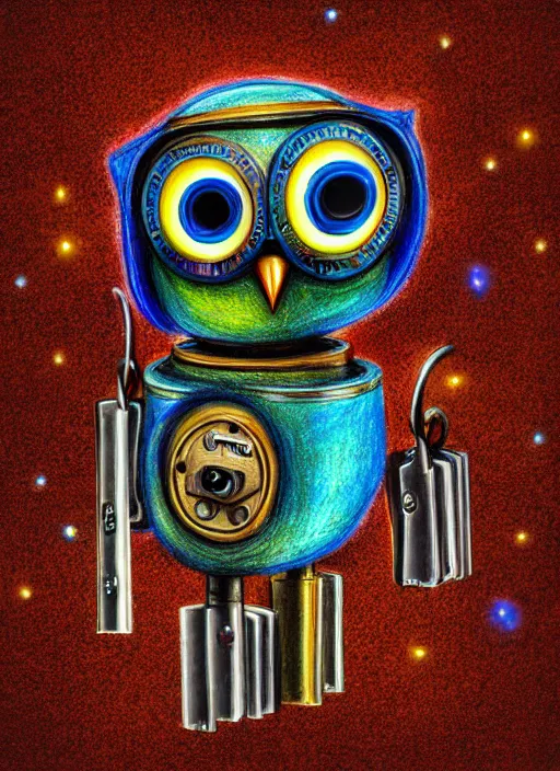 Image similar to colored pencil and pen drawing of an animatronic robot owl, bird made from rusty old keys and padlocks, space background, 8 k photorender realityengine