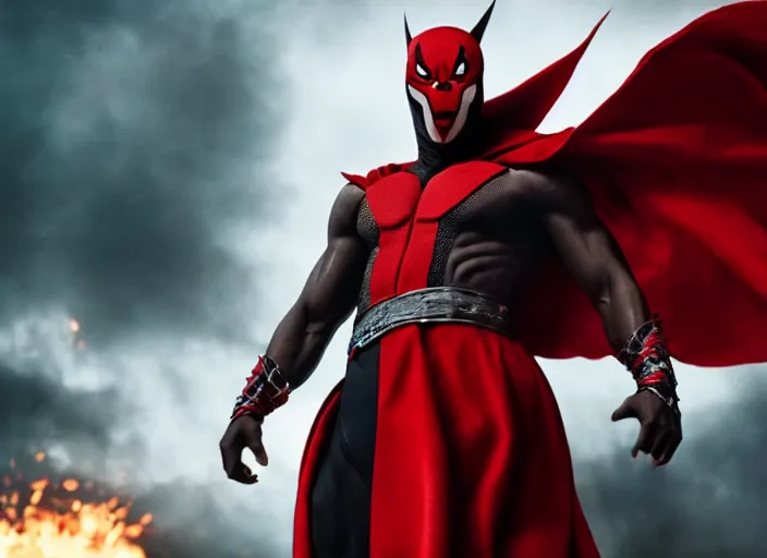 Image similar to film still of michael b jordan as spawn in the new spawn movie, giant chains, large cape, 8 k