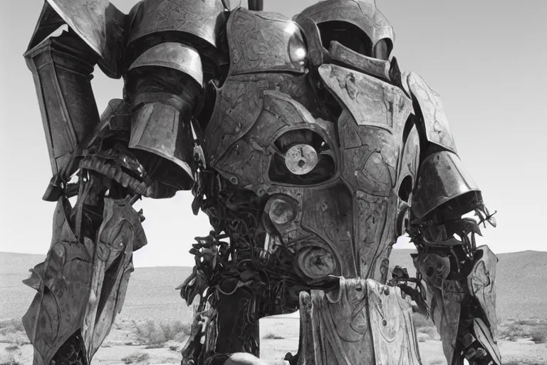 Image similar to photograph of a man in a very oversized mech armor that is 3 0 feet tall and 1 0 feet wide. his head is very small sticking out of the armor. desert setting. high detail.