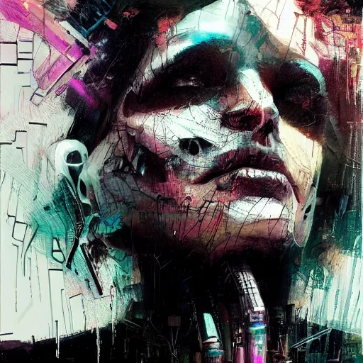 Prompt: a cyberpunk noir detective, skulls, wires cybernetic implants, machine noir steelpunk grimcore in cyberspace photoreal, atmospheric by jeremy mann francis bacon and agnes cecile, ink drips paint smears digital glitches