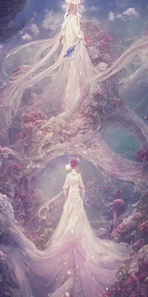 Image similar to the beautiful hyper detailed rose wedding dress in the fairyland surrounded by white clouds, in the style of makoto shinkai victo ngai and peter mohrbacher studio ghibli artgerm karol bak beeple, animation style, 8 k hd, dream, ultra wide angle, animation style, 3 drender, hyperdetailed