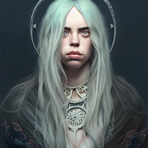 Image similar to portrait of billie eilish, muscular, upper body,big chest, D&D, fantasy, intricate, elegant, highly detailed, digital painting, artstation, concept art, matte, sharp focus, illustration, art by Artgerm and Greg Rutkowski and Alphonse Mucha