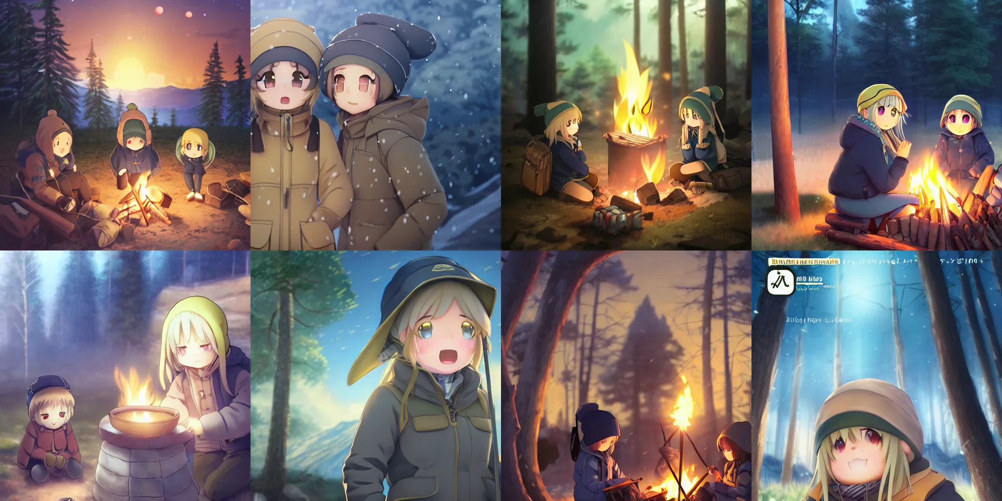 Prompt: yuru camp anime campfire extremely detailed blue eyes, trending on artstation, cute and beautiful, cinematic lighting, highly realistically detailed, trending on pixiv , Unreal Engine 4k, detailed faces, manga cover, official anime key visual