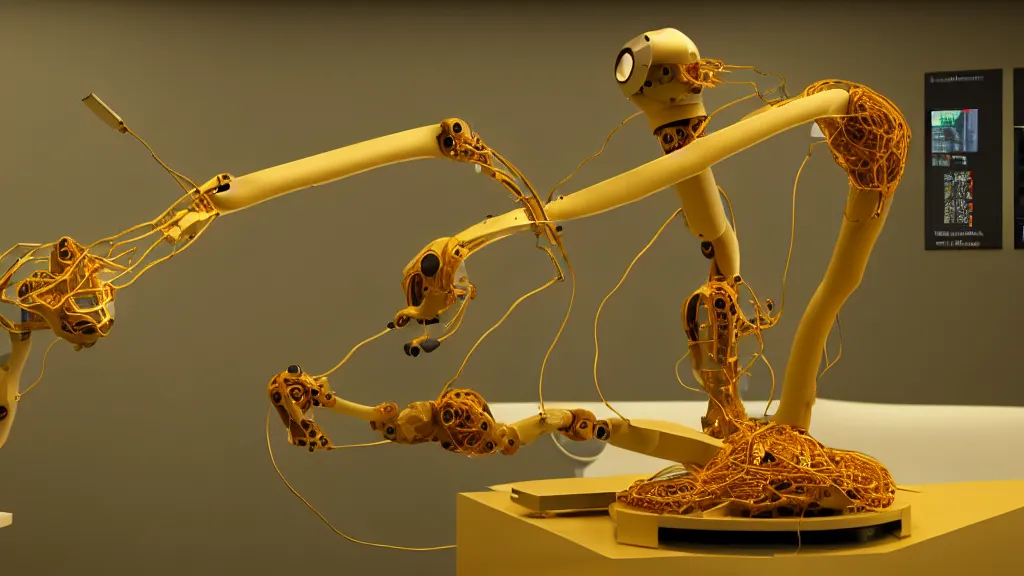 Image similar to a complex bifurcated robotic cnc surgical arm hybrid 3 d printer machine making organic ceramic kintsugi mandlebulb forms in the laboratory room, very thin gold wire, film still from the movie directed by denis villeneuve with art direction by salvador dali, wide lens, f 3 2, cinematic lighting, studio quality, smooth render, unreal engine 5 rendered, octane rendered