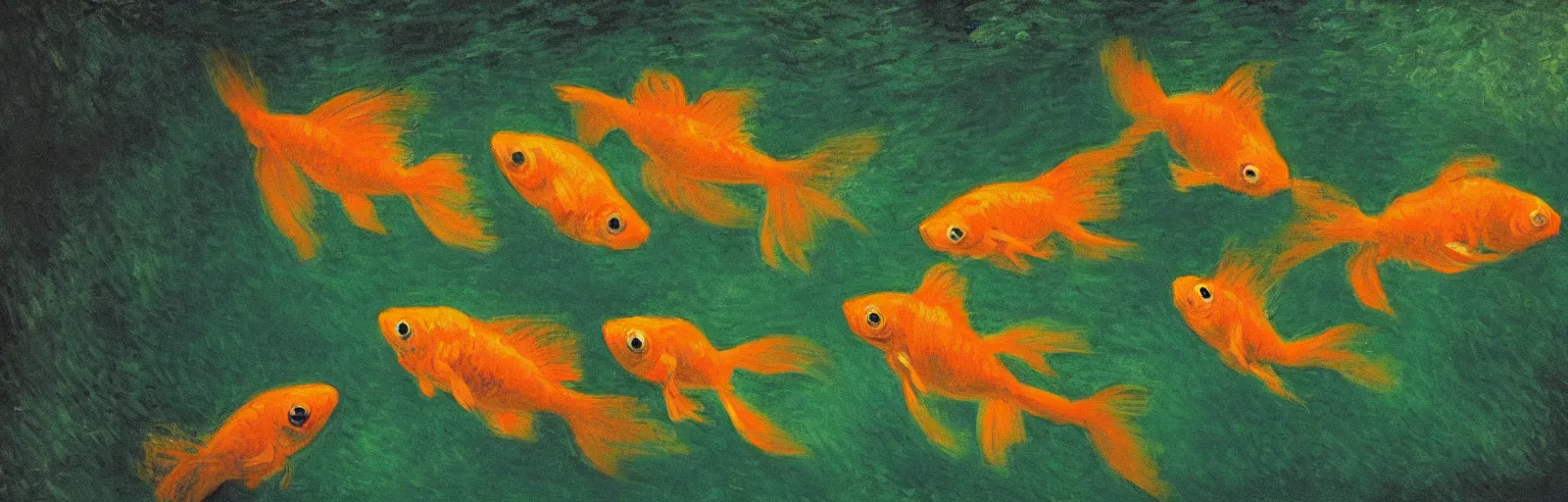 Image similar to An aesthetically pleasing, dynamic, energetic, lively, well-designed digital art of goldfish in a pond viewed from underwater, light and shadow, chiaroscuro, by Claude Monet and Vincent Van Gogh, superior quality, masterpiece, excellent use of negative space. 8K, superior detail, widescreen.