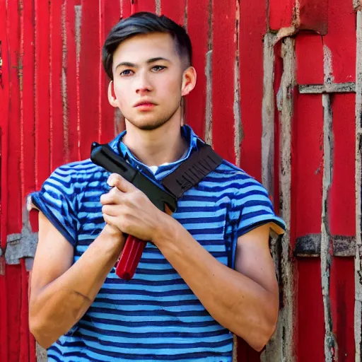 Prompt: Young man standing looking to the right in a red bandana, blue striped shirt, gray vest and a gun with a partly cloudy sky in the background. The young man is standing in front of an iron fence. Photograph. Real life