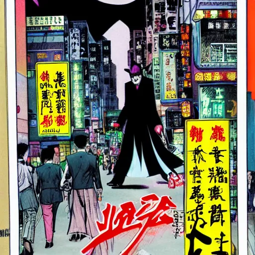 Image similar to glossy old advertising poster, batman walking through crowded hong kong street, vendors, joker!!!, drawn comic by junji ito, pastels, gradient