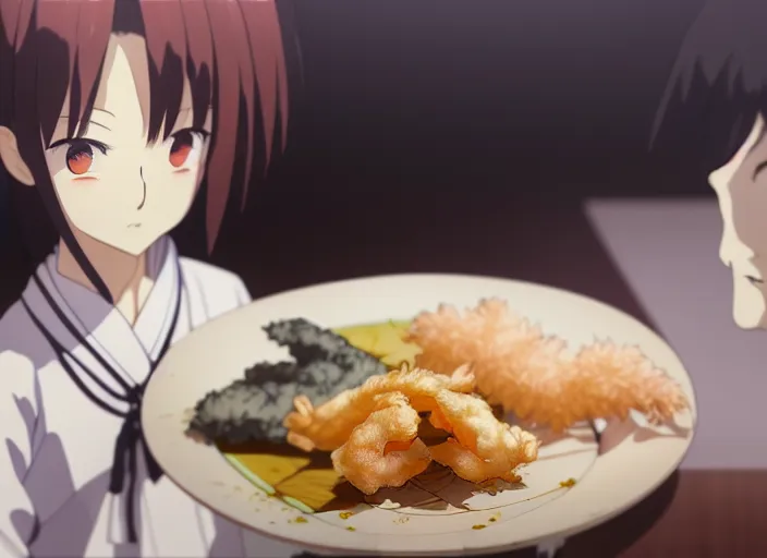 Image similar to a film still portrait of a plate with japanese food tempura, finely detailed features, closeup at the food, perfect art, at a dinner table, gapmoe yandere grimdark, trending on pixiv fanbox, painted by greg rutkowski makoto shinkai takashi takeuchi studio ghibli, akihiko yoshida